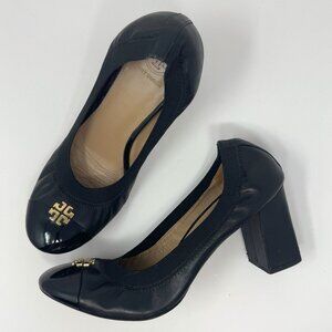 Tory Burch Elsa Black Leather Cap Toe Heels US 9